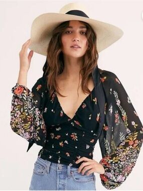 Free People Black Floral Ruched V-Neck Long-Sleeve Top